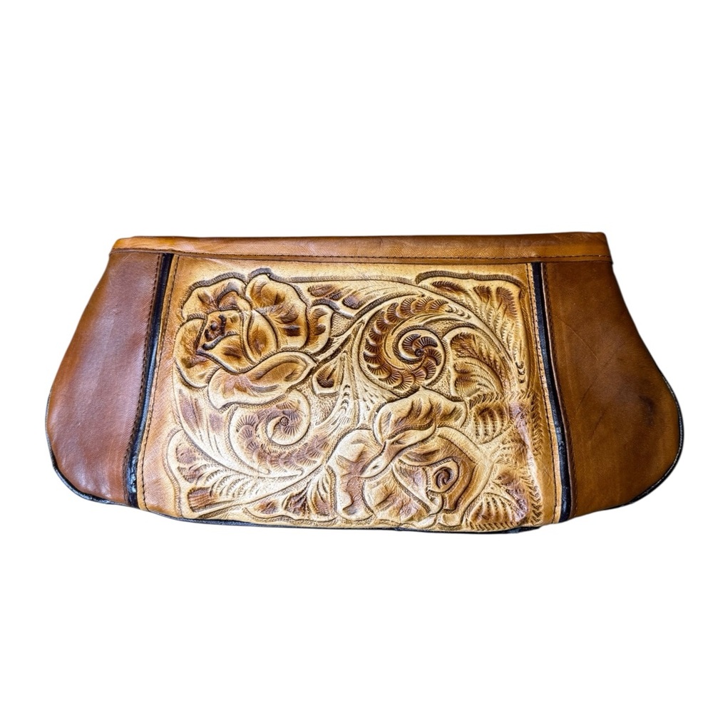 👜‎ Vintage Tooled Leather Floral Clutch Purse 🌸 Western Boho Bag 👜